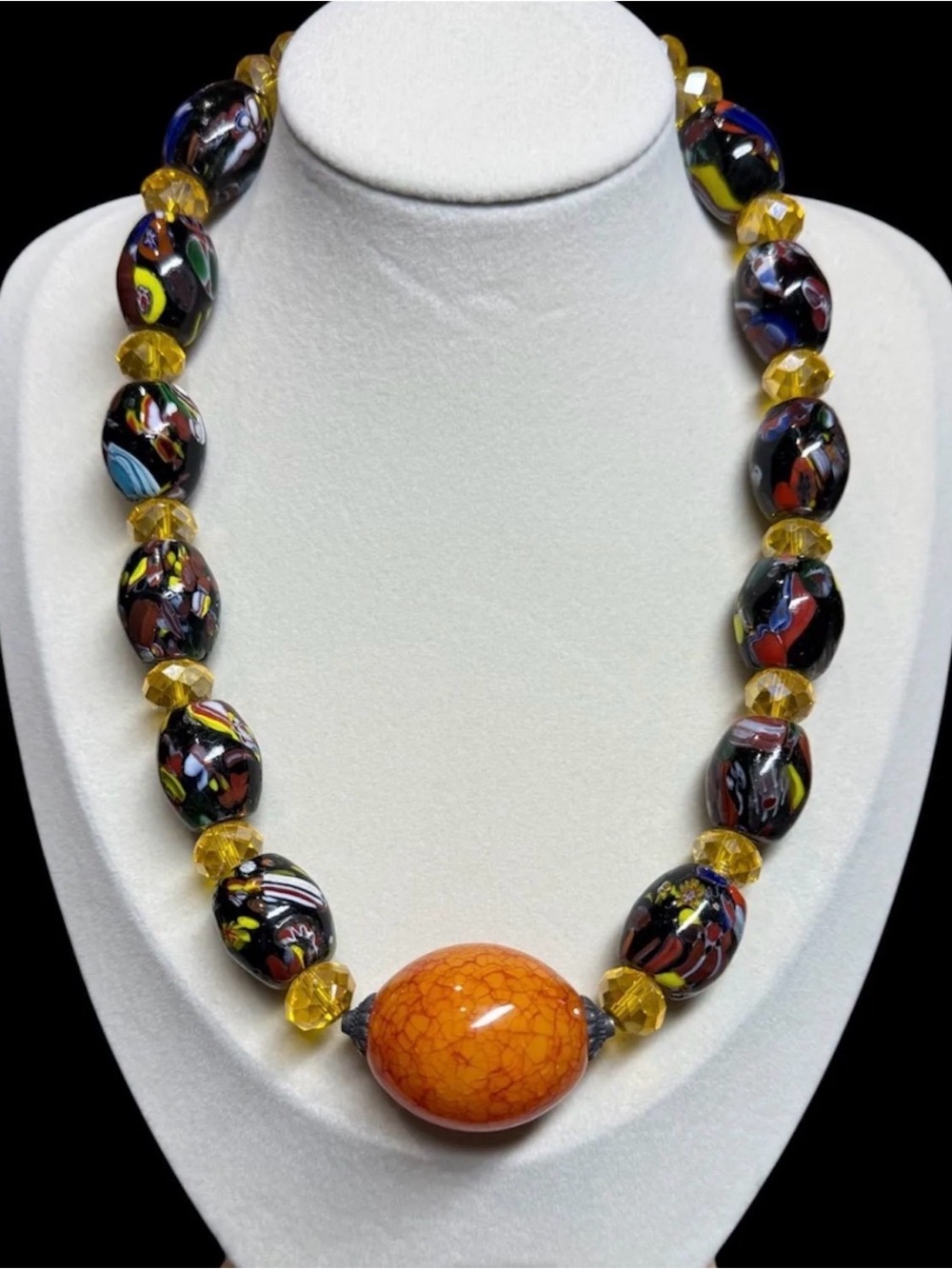 Multi-Color Art Glass Beads w/ Orange Focal Bead Statement Necklace